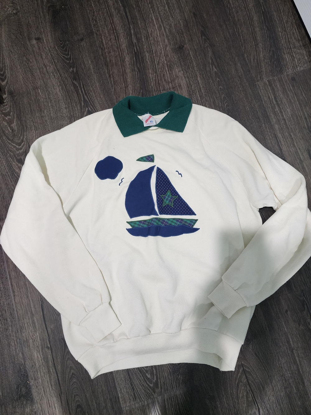 Jerzees Cream Crewneck Sweater with Green Collar and Navy Sailboat